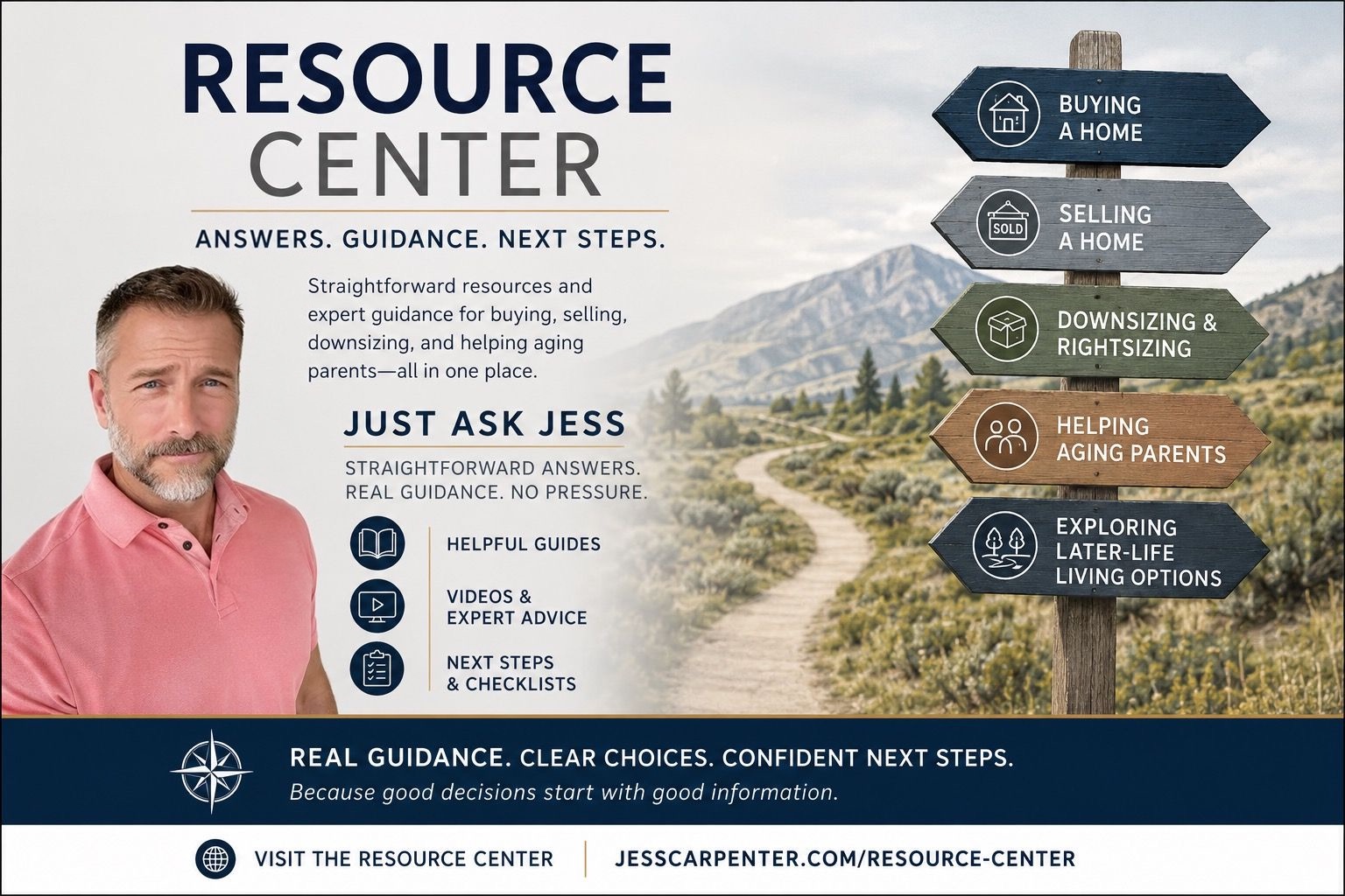 Resource Center: answers, guidance, and next steps for buying, selling, downsizing, helping aging parents, and later-life living options